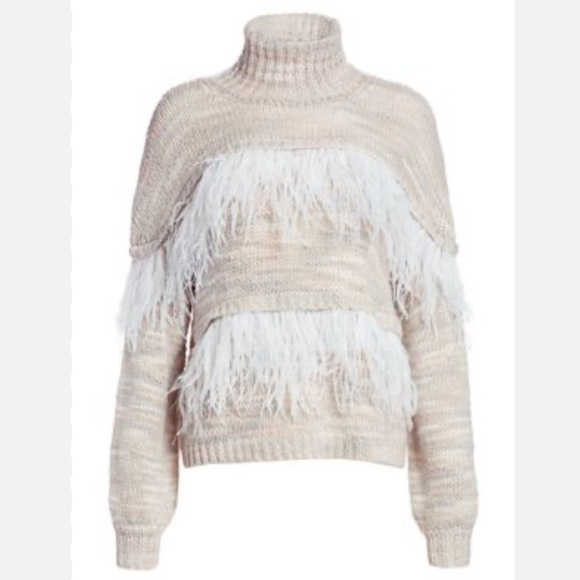 Cinq à Sept Valentina Ostrich Feather Trimmed Turtleneck Wool Blend - Picture 12 of 13